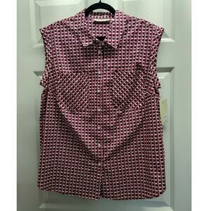 Sejour NWT Size 16W Button-Up Red White Blue Geometric Print Sleeveless Top